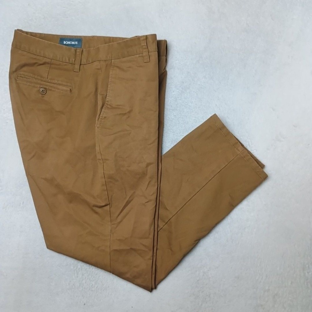 Bonobos Pants Men 35x28 Brown Washed Chino Slim Flat Front Stretch Cotton Work